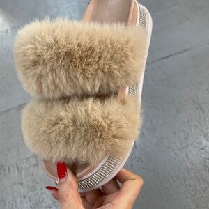 Double strip fur slipper weadge women sandal
